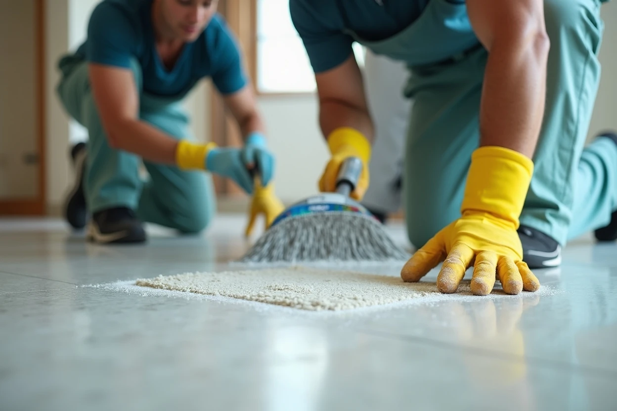 Detalle del terrazo durante la fase de desbaste, superficie con marcas y abrasiones visibles